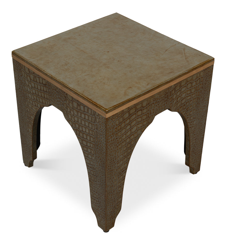 CROCO EMBOSSED LEATHER STOOL, ANT. GREEN