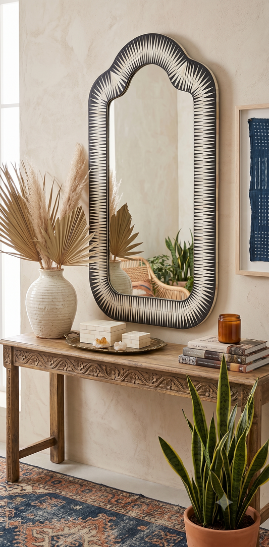 Meridian Traditional Mango Wood and Bone Inlay Wall Mirror