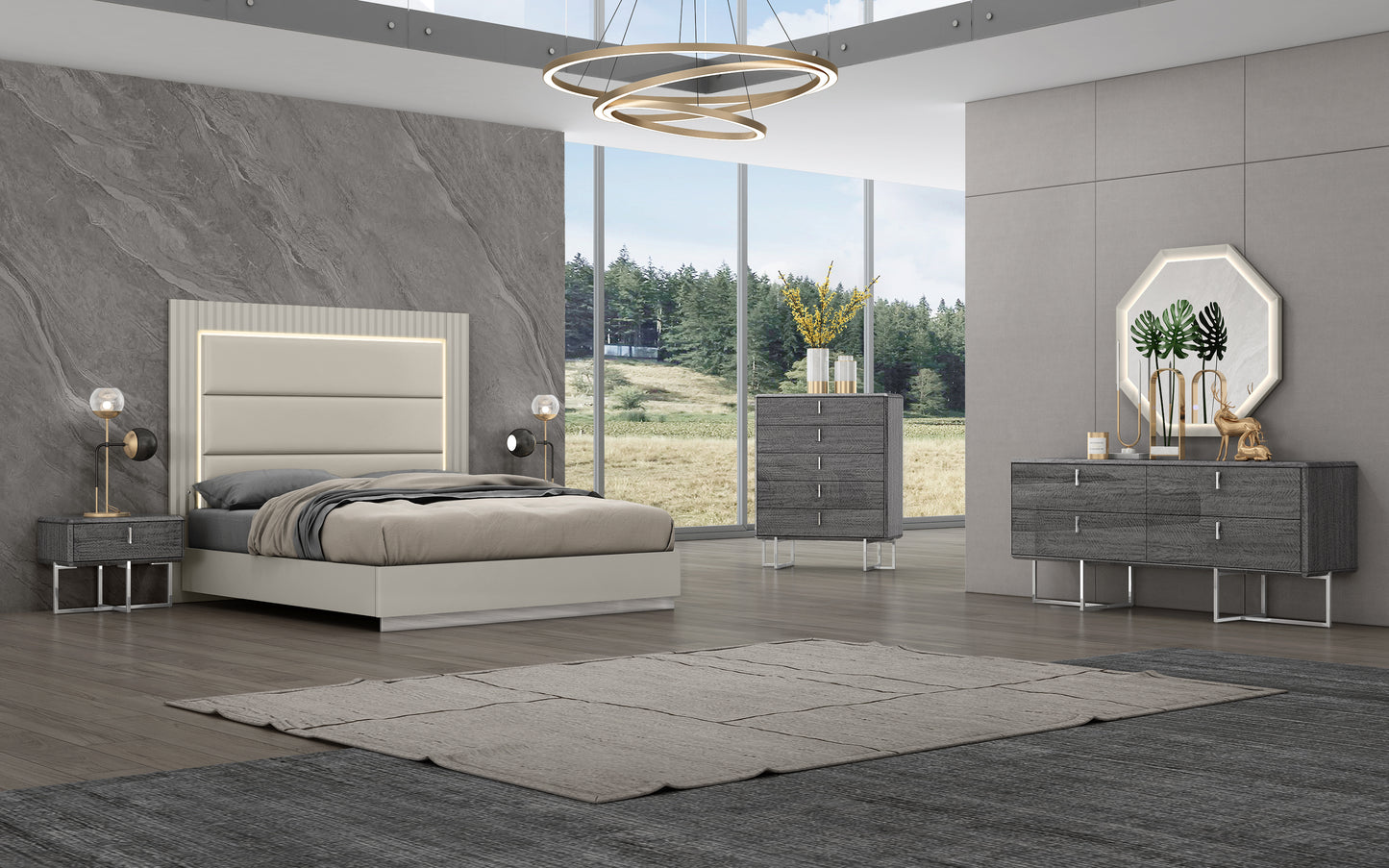 Chloe King Bed - High Gloss Grey & Polished Stainless Steel
