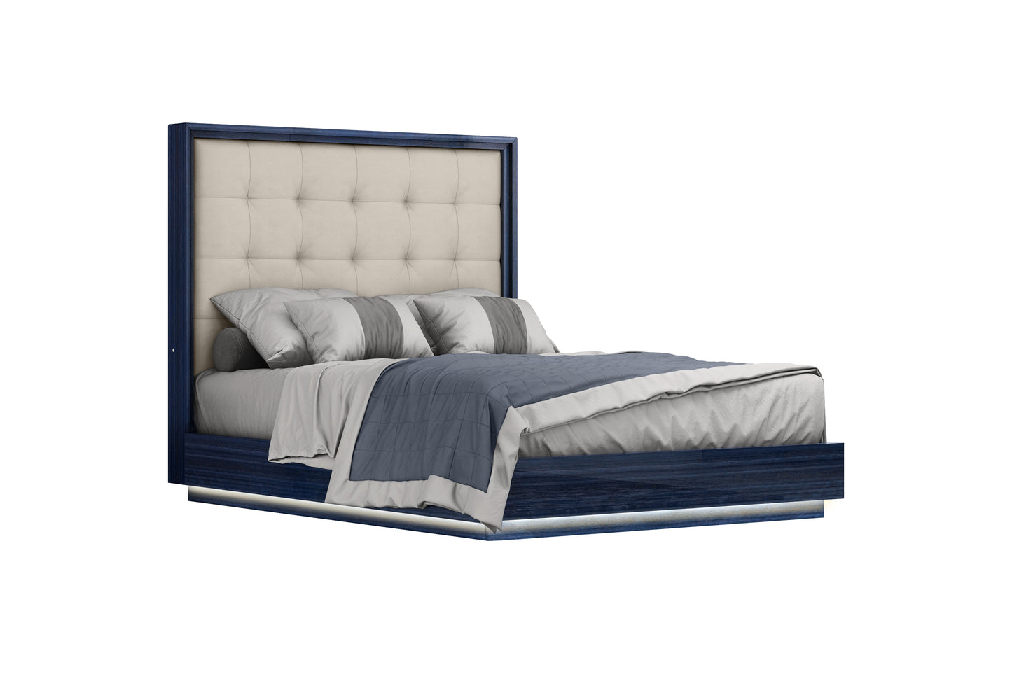 Alexander Queen Bed - High Gloss Sapphire Blue & Light Grey Faux Leather