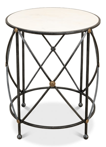 DRUM & FIFE LAMP TABLE, AGED WHITE MARBLE