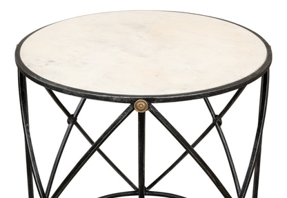DRUM & FIFE LAMP TABLE, AGED WHITE MARBLE