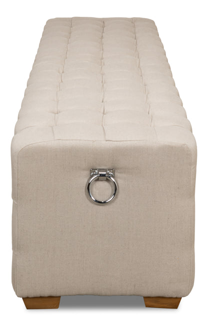 BEAM BENCH, TUFTED BEIGE LINEN