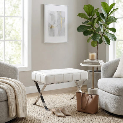 Catalunya Pearl White Tufted Leather & Stainless Steel Bench