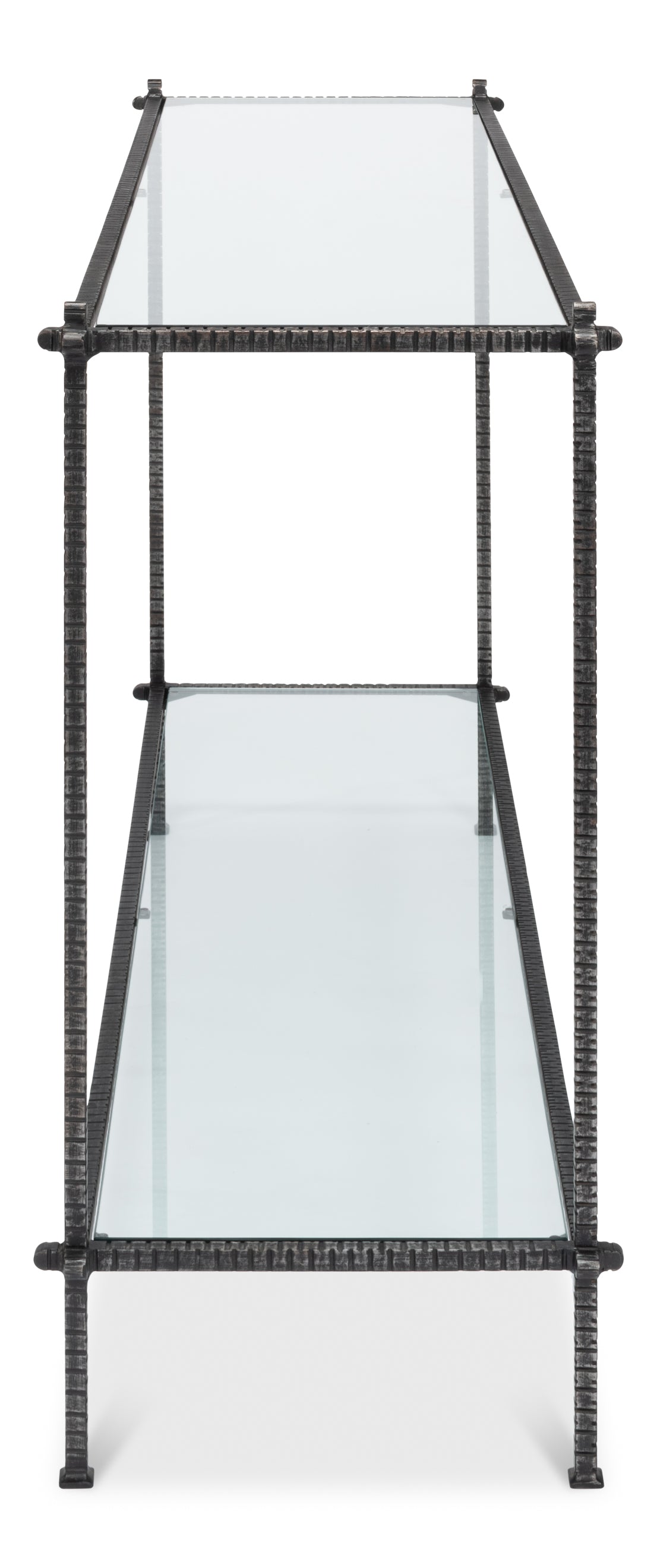 HAND CHASED IRON CONSOLE TBLE, GLASS TOP