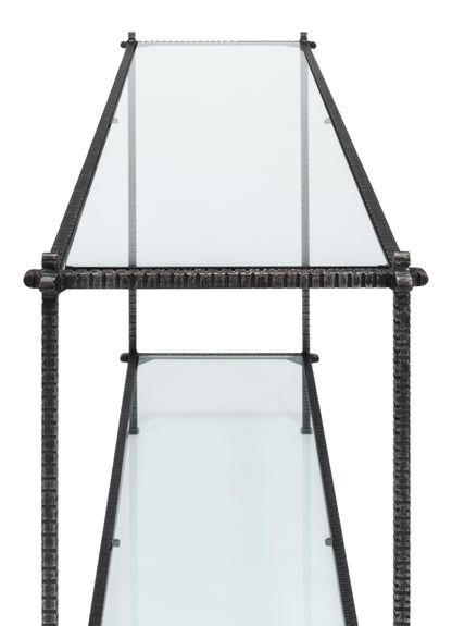 HAND CHASED IRON CONSOLE TBLE, GLASS TOP