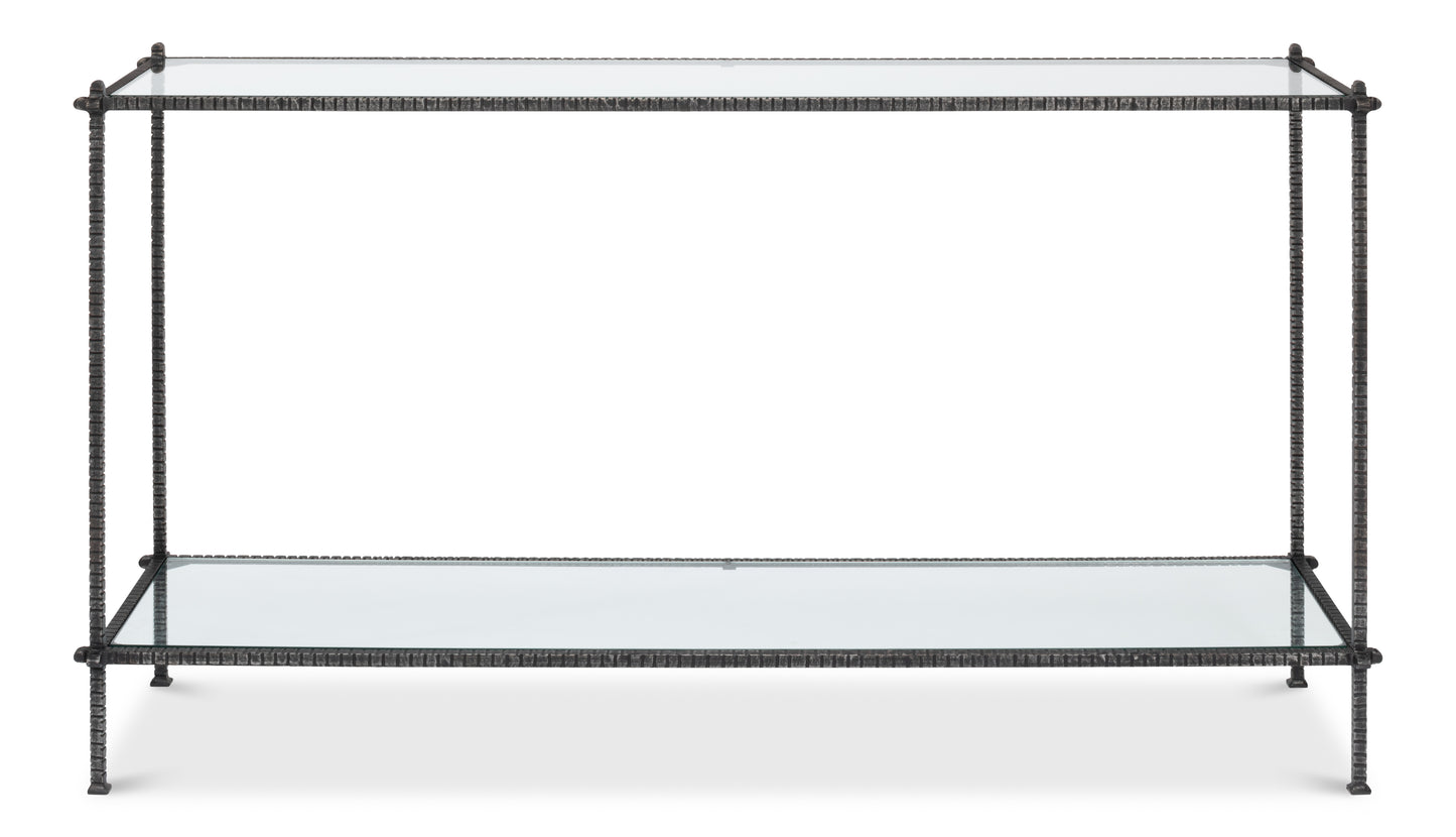 HAND CHASED IRON CONSOLE TBLE, GLASS TOP