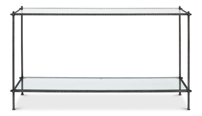 HAND CHASED IRON CONSOLE TBLE, GLASS TOP