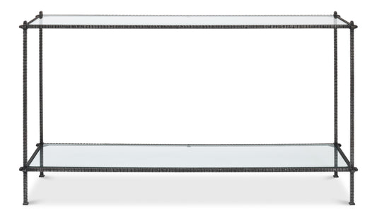 HAND CHASED IRON CONSOLE TBLE, GLASS TOP