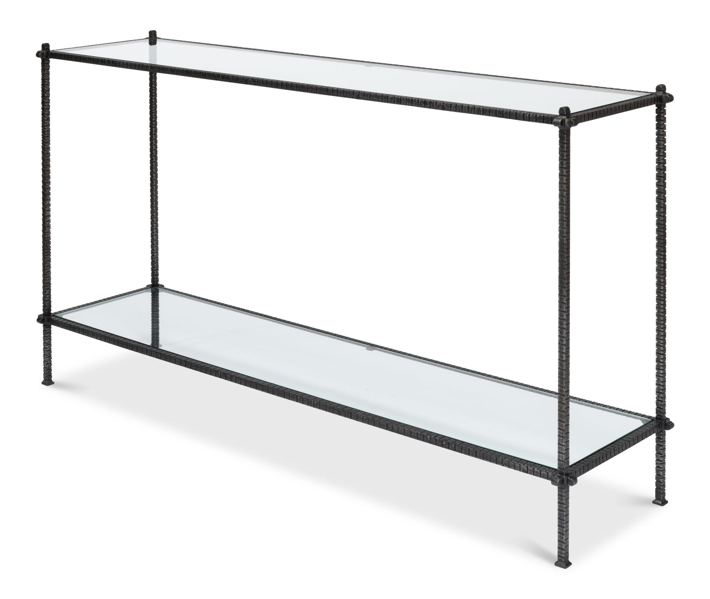 HAND CHASED IRON CONSOLE TBLE, GLASS TOP