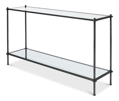 HAND CHASED IRON CONSOLE TBLE, GLASS TOP