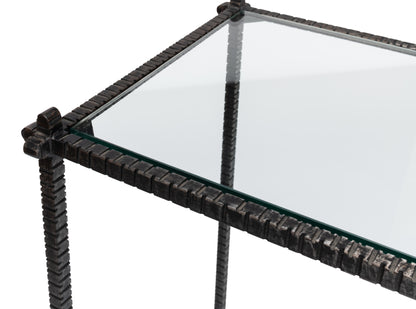 HAND CHASED IRON CONSOLE TBLE, GLASS TOP