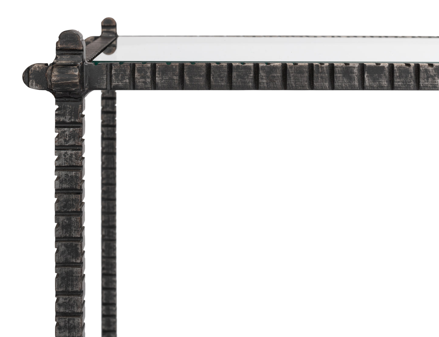 HAND CHASED IRON CONSOLE TBLE, GLASS TOP