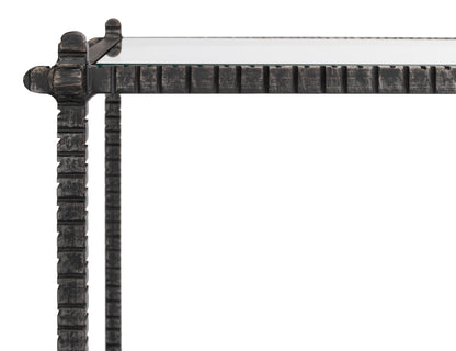 HAND CHASED IRON CONSOLE TBLE, GLASS TOP