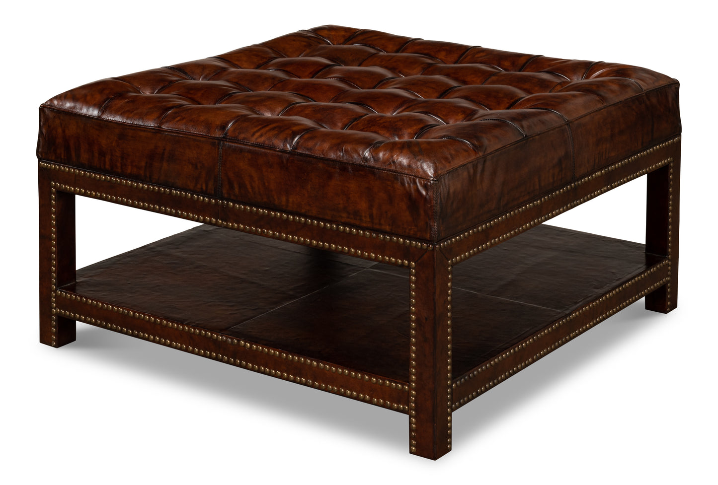 VINTAGE TUFTED OTTOMAN, OLD BROWN LEATHER
