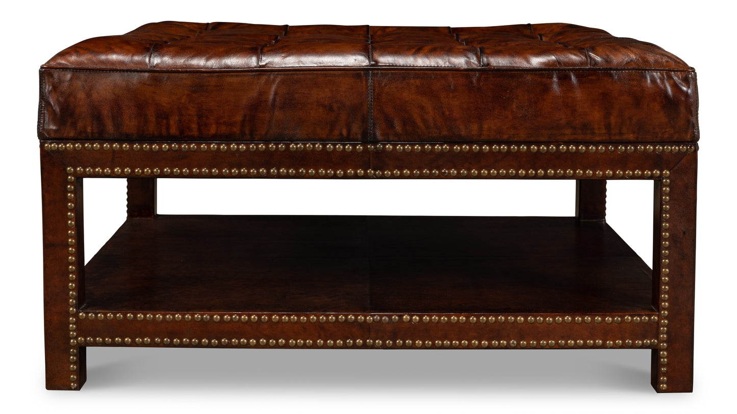 VINTAGE TUFTED OTTOMAN, OLD BROWN LEATHER
