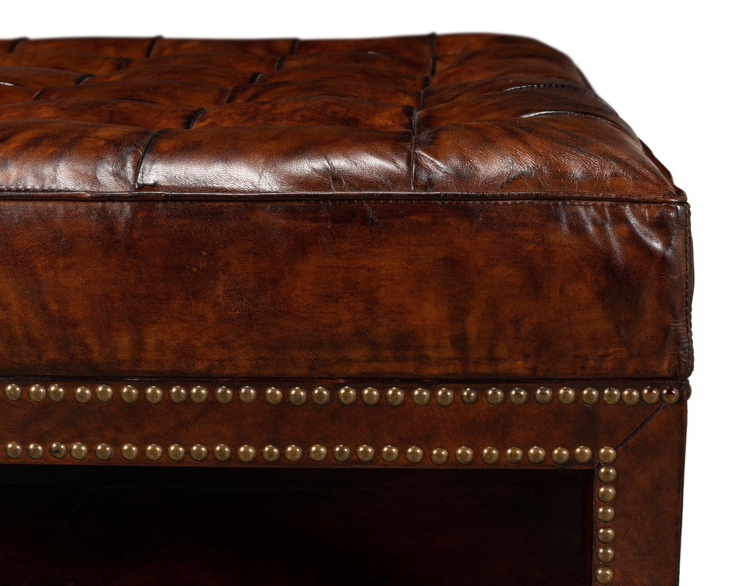 VINTAGE TUFTED OTTOMAN, OLD BROWN LEATHER