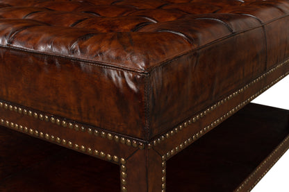 VINTAGE TUFTED OTTOMAN, OLD BROWN LEATHER