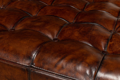 VINTAGE TUFTED OTTOMAN, OLD BROWN LEATHER