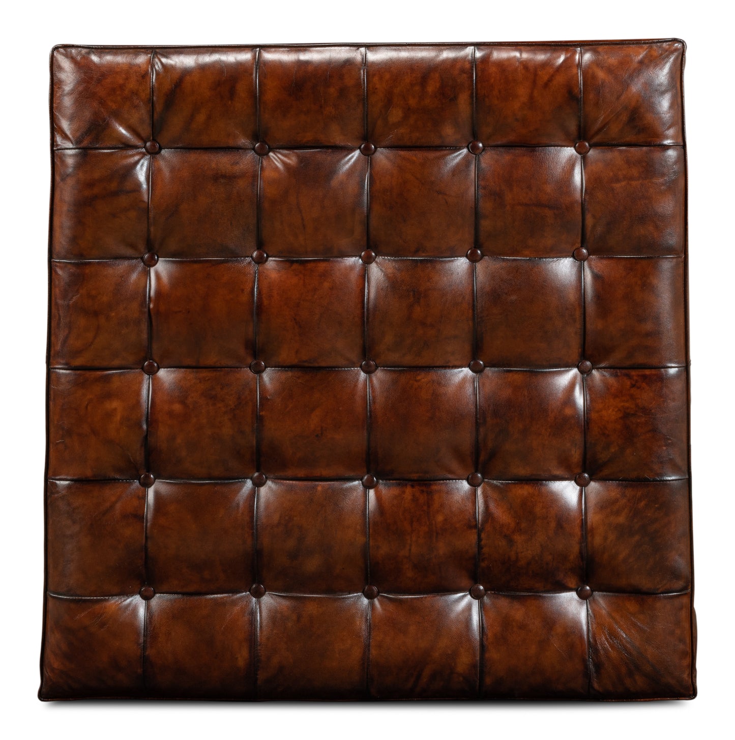 VINTAGE TUFTED OTTOMAN, OLD BROWN LEATHER