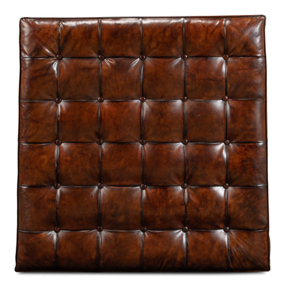 VINTAGE TUFTED OTTOMAN, OLD BROWN LEATHER