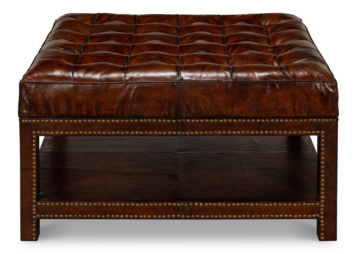 VINTAGE TUFTED OTTOMAN, OLD BROWN LEATHER