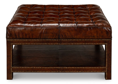 VINTAGE TUFTED OTTOMAN, OLD BROWN LEATHER