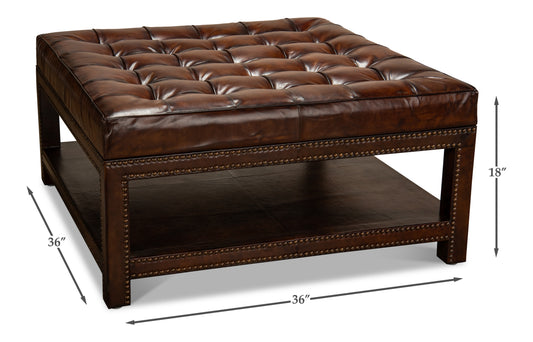 VINTAGE TUFTED OTTOMAN, OLD BROWN LEATHER