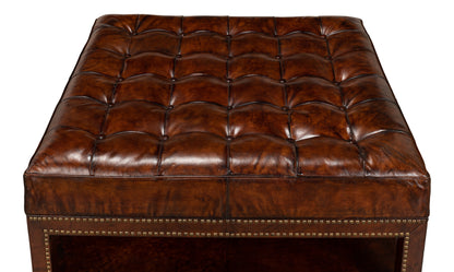 VINTAGE TUFTED OTTOMAN, OLD BROWN LEATHER