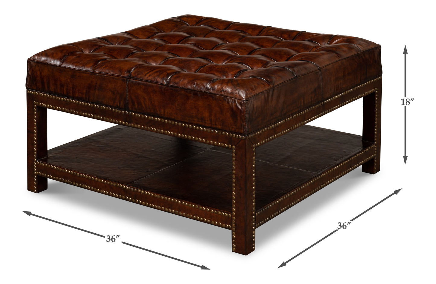 VINTAGE TUFTED OTTOMAN, OLD BROWN LEATHER