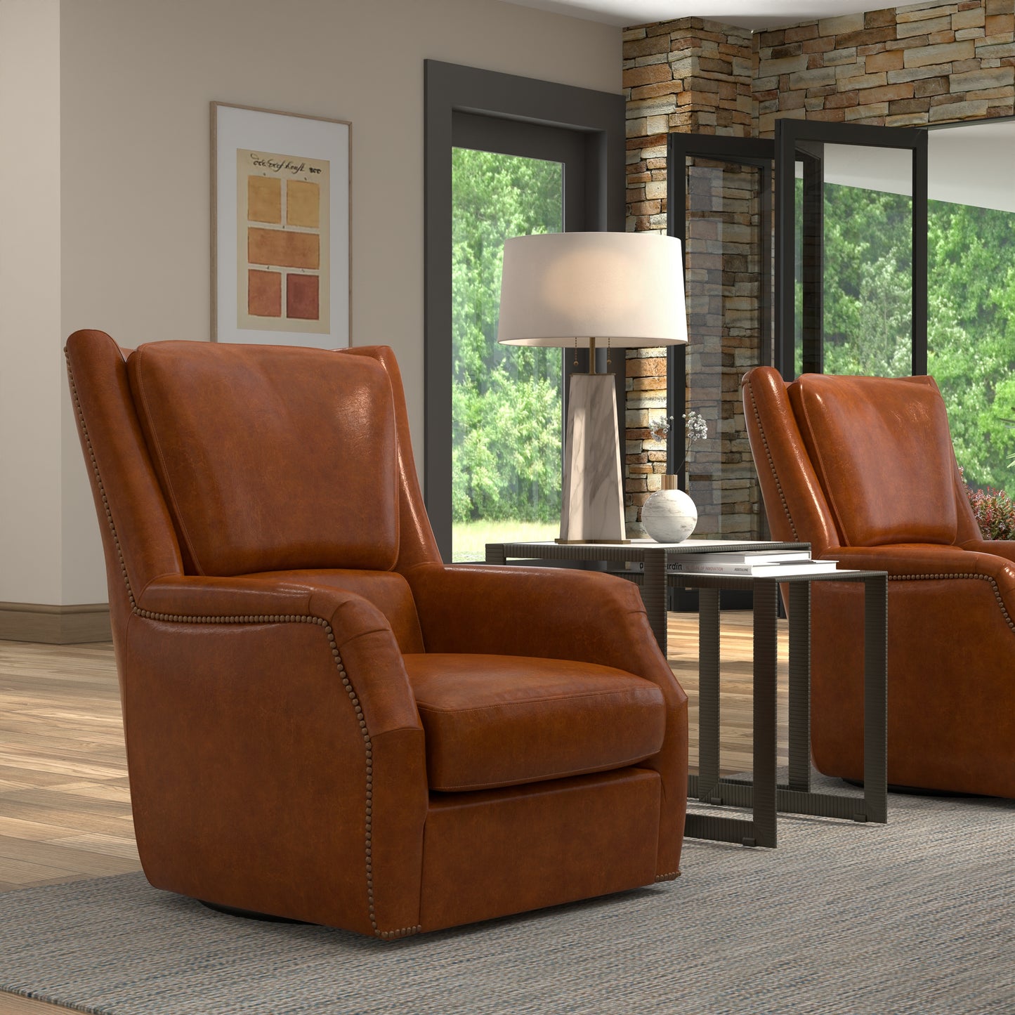 Baker Leather Swivel Chair Havana Lthr
