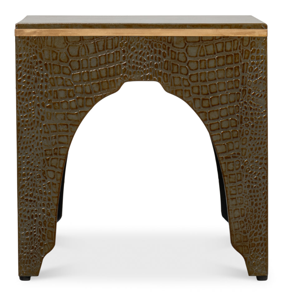 CROCO EMBOSSED LEATHER STOOL, ANT. GREEN