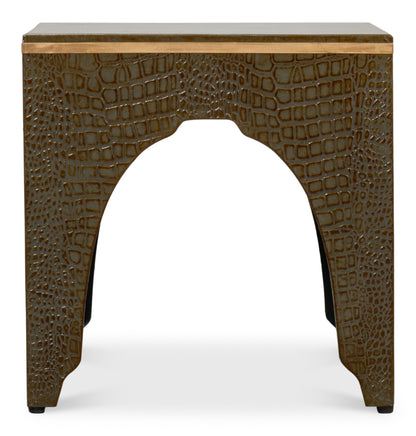 CROCO EMBOSSED LEATHER STOOL, ANT. GREEN