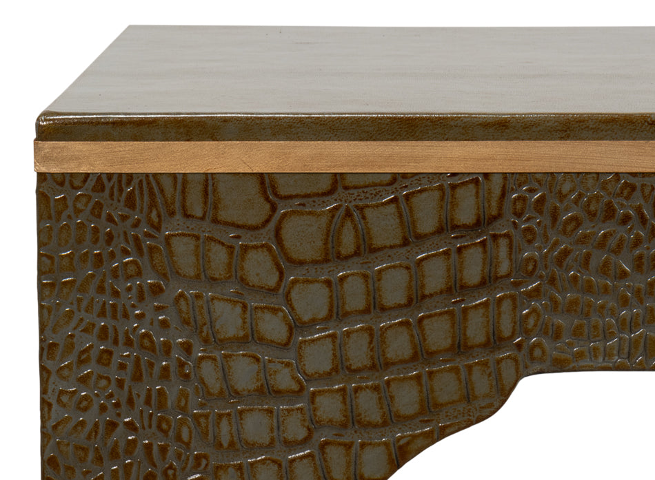 CROCO EMBOSSED LEATHER STOOL, ANT. GREEN