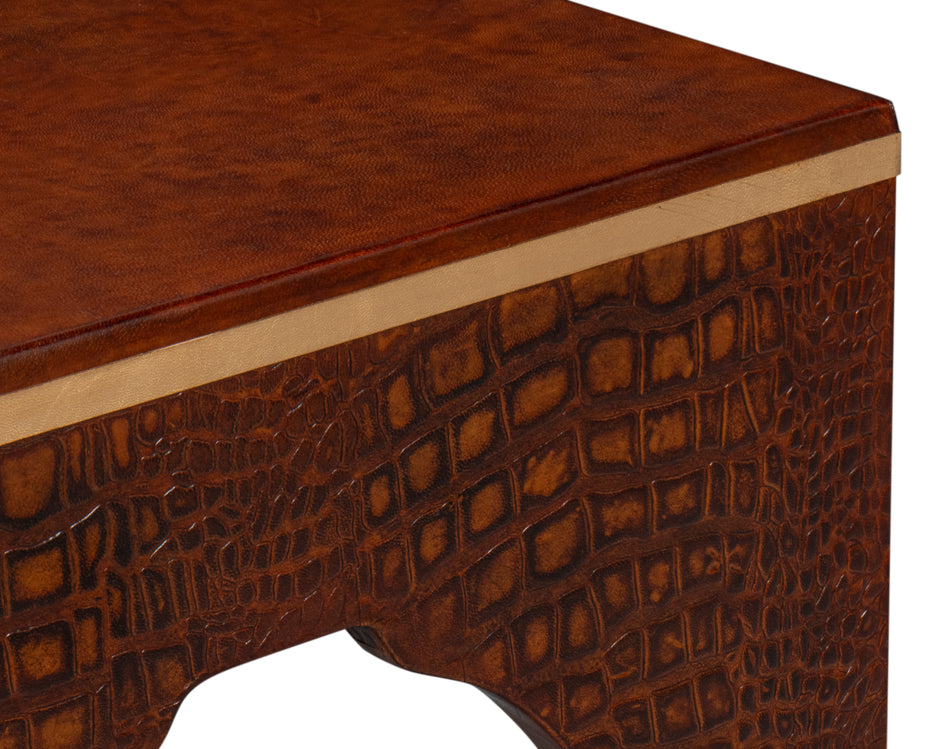 CROCO EMBOSSED LEATHER STOOL,TAN TESSORO