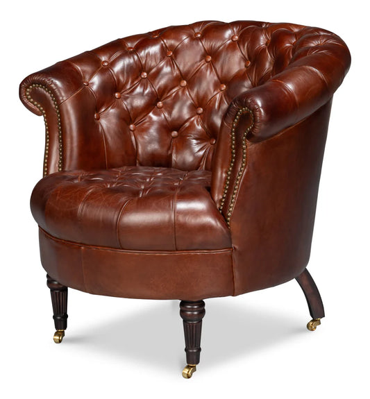 Brown leather armchair with tufted backrest on a white background