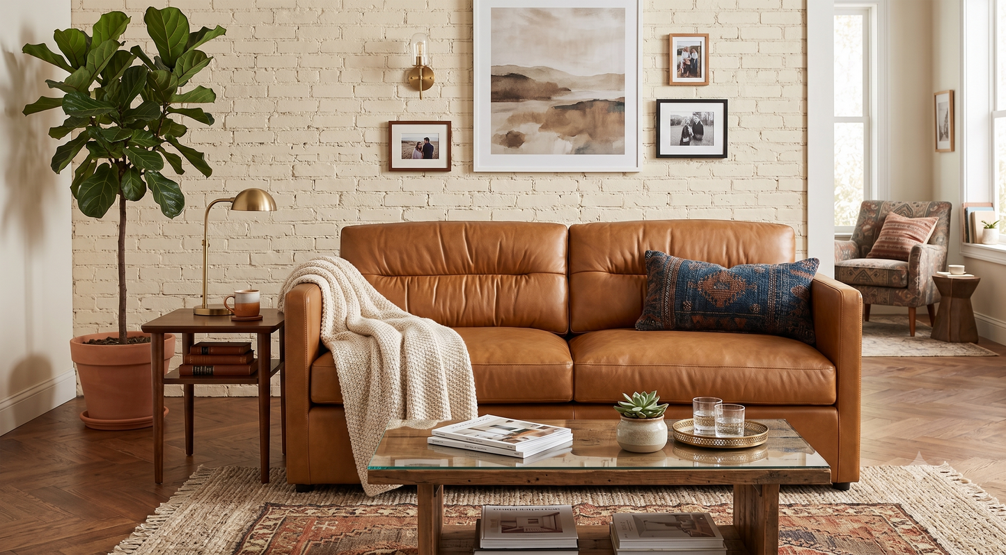 Grant Tuxedo Top-Grain Leather Sofa in Caramel Brown