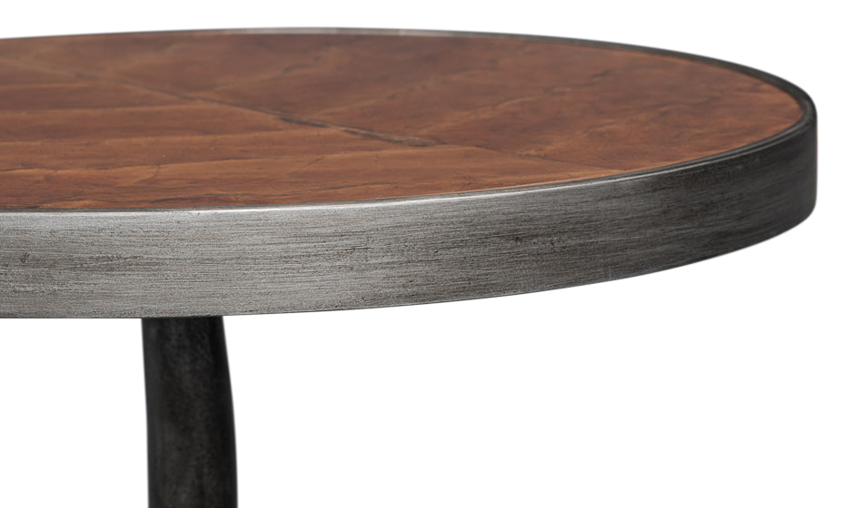 Brightleaf Round Wood Accent Table with Tobacco Leaf Top and Gunmetal Base