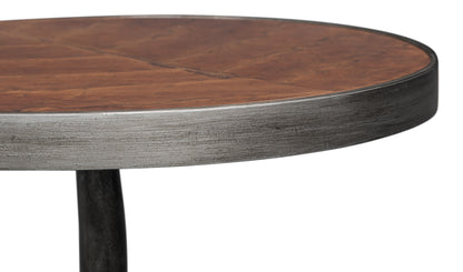Brightleaf Round Wood Accent Table with Tobacco Leaf Top and Gunmetal Base