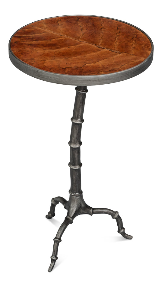 Brightleaf Round Wood Accent Table with Tobacco Leaf Top and Gunmetal Base
