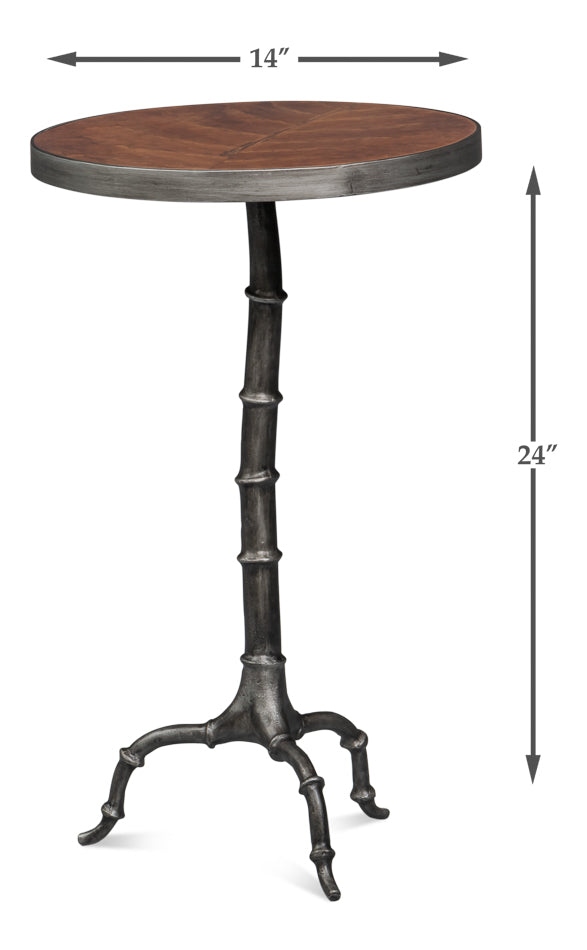 Brightleaf Round Wood Accent Table with Tobacco Leaf Top and Gunmetal Base