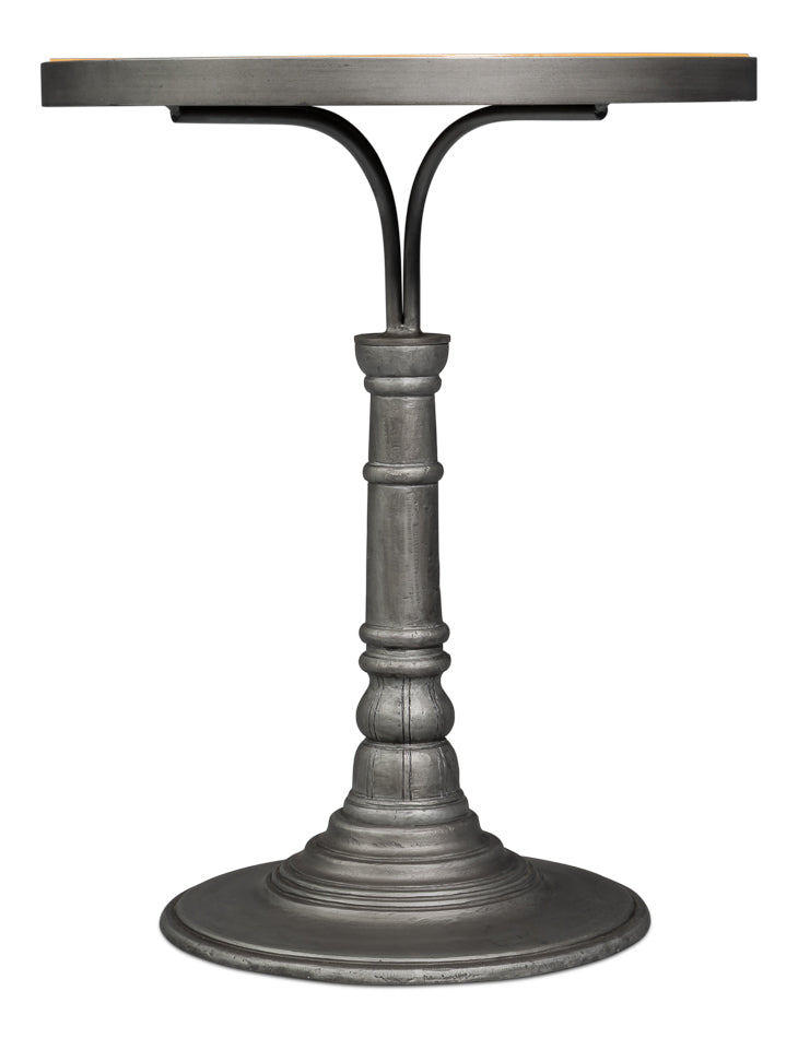 Banner House Round End Table with Tobacco Leaf Top and Gunmetal Base