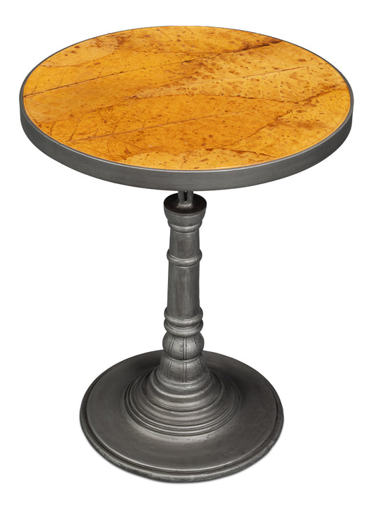 Banner House Round End Table with Tobacco Leaf Top and Gunmetal Base