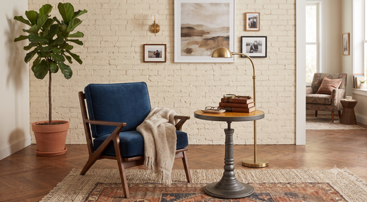 Banner House Round End Table with Tobacco Leaf Top and Gunmetal Base