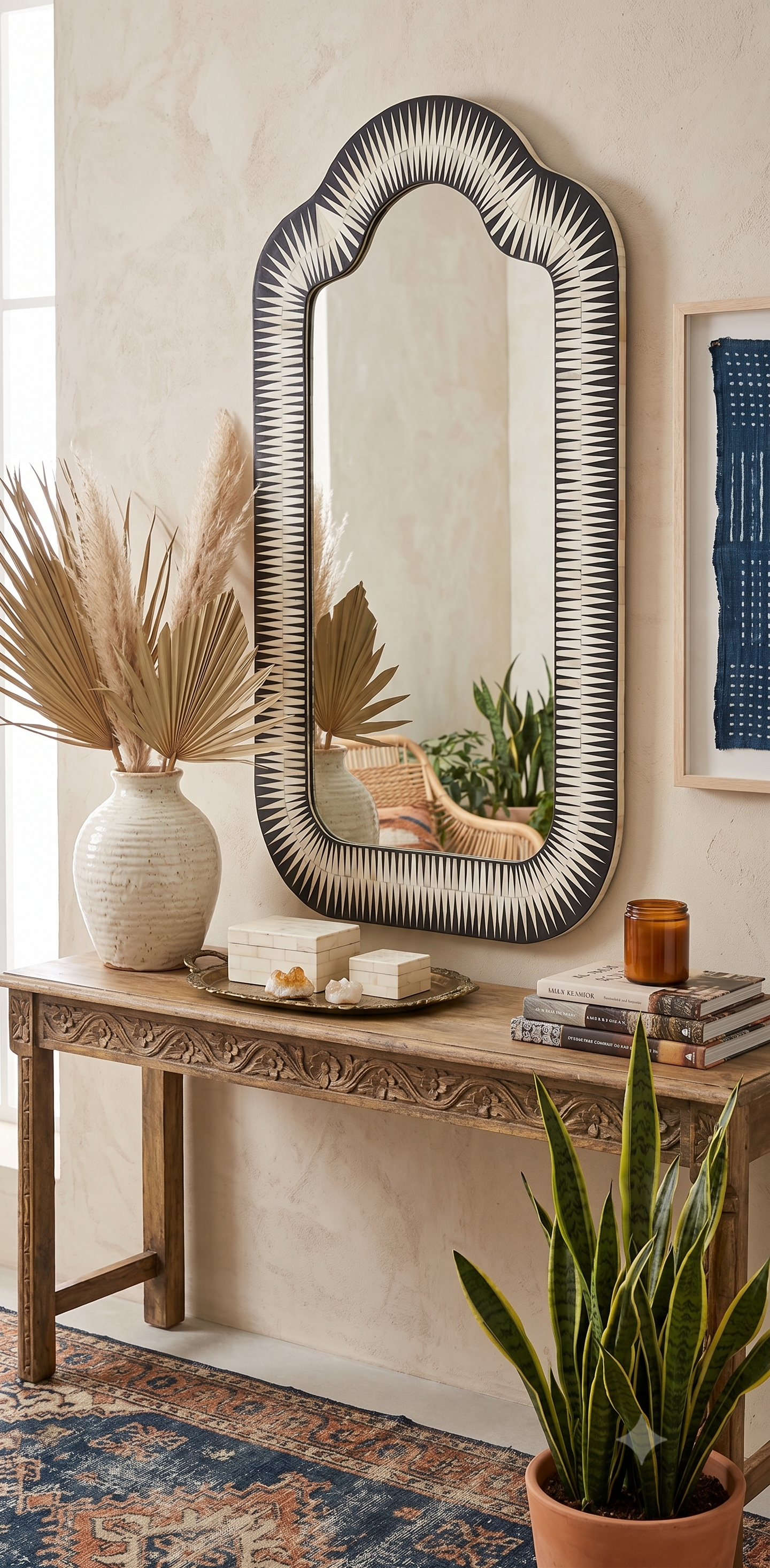 Meridian Traditional Mango Wood and Bone Inlay Wall Mirror