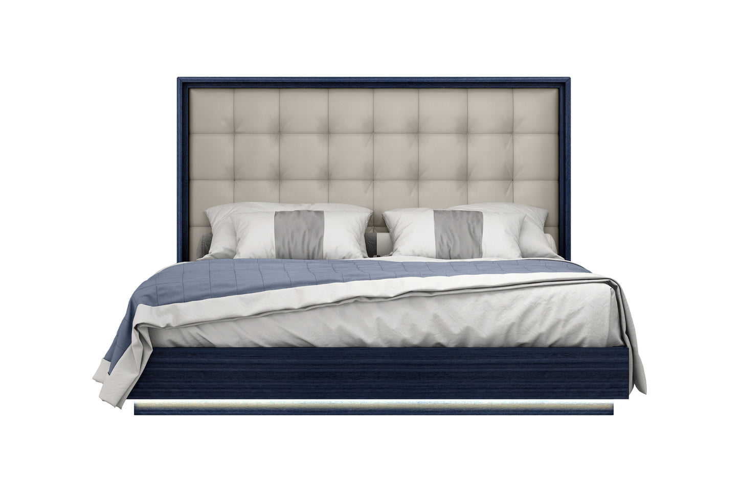 Alexander King Bed - High Gloss Sapphire Blue & Light Grey Faux Leather