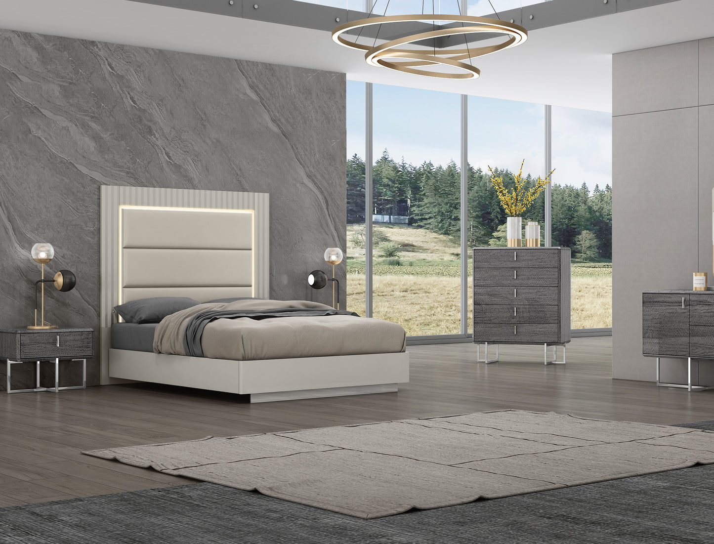 Chloe Queen Bed - High Gloss Grey & Polished Stainless Steel
