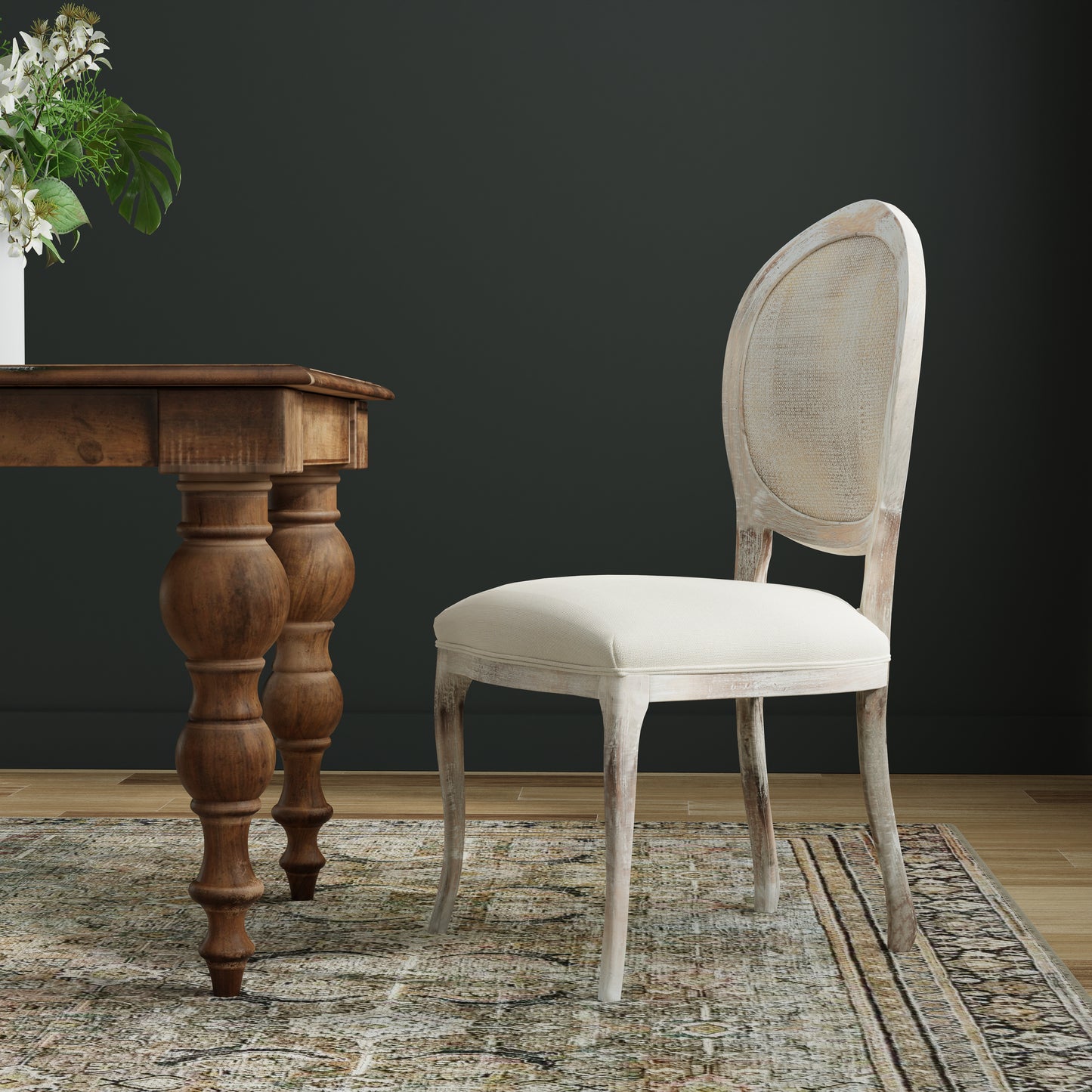 Oval Cane Back Side Chair-Grey Oak-Flax